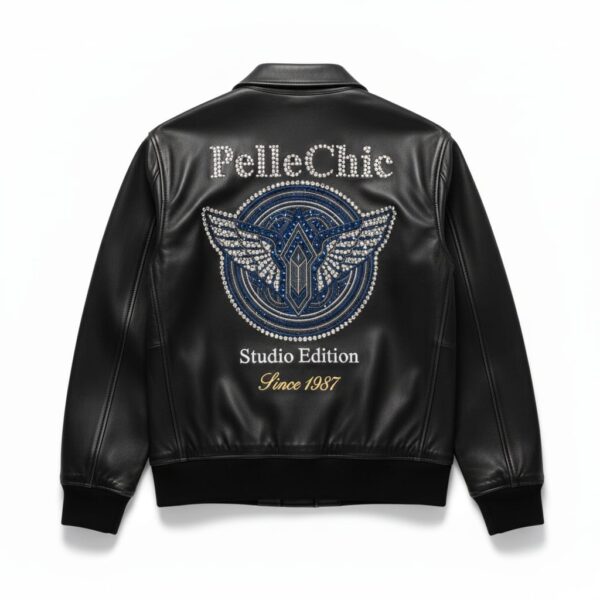 Pelle Chic "Studio Edition" Since 1987 | Premium Crystal-Embellished Leather Bomber (Black)