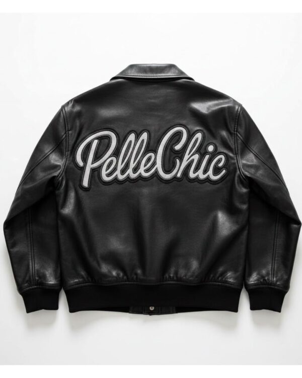 PelleChic™ Signature Series Black Leather Bomber – Elite Oversized Embroidery Edition