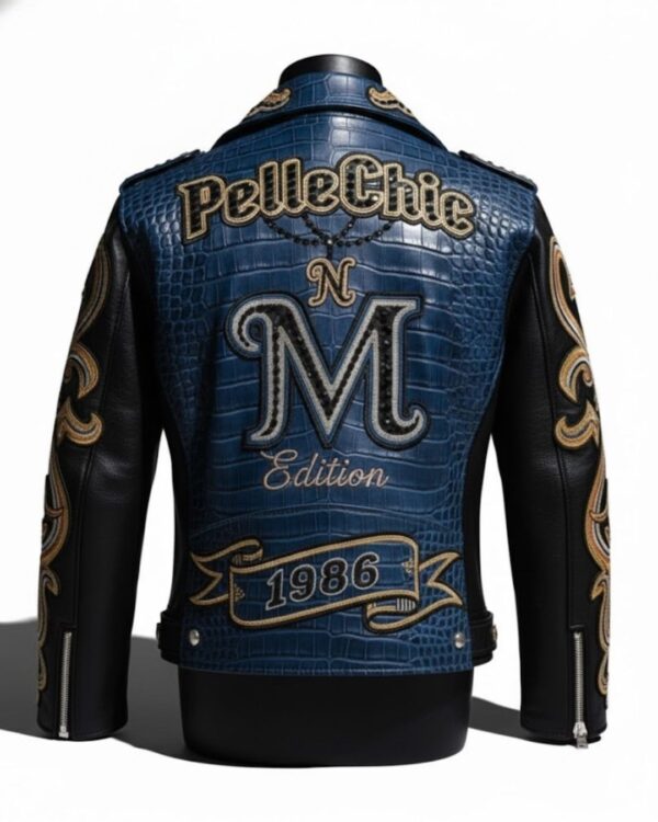 PelleChic™ Blue Croco-Embossed Biker Jacket – Elite "M" Edition 1986 Luxury Series