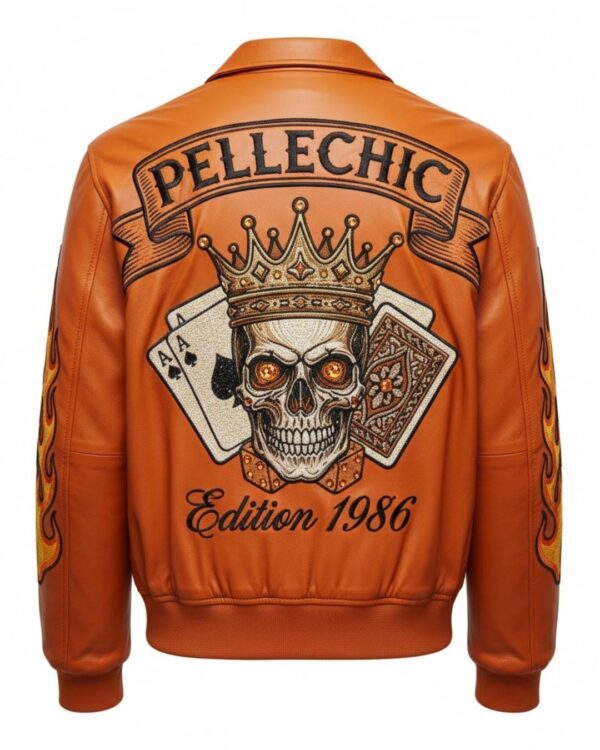 PelleChic™ Orange "King of Spades" Luxury Leather Bomber – Elite Crowned Skull 1986 Edition