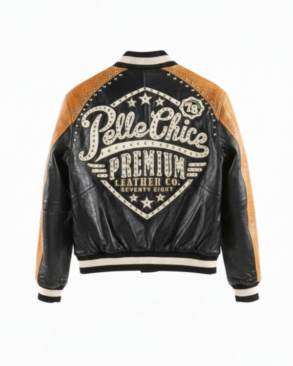 Pelle Chic Premium Studded Leather Varsity Jacket - Black & Cognac