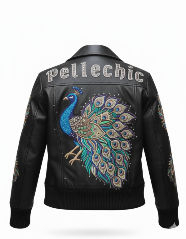 PelleChic™ Majestic Peacock Luxury Leather Bomber – Hand-Detailed Rhinestone Art Edition