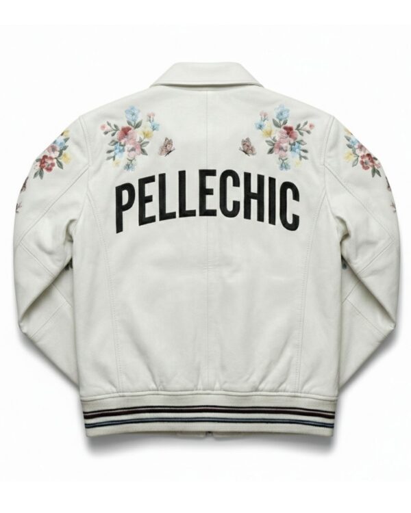 PelleChic™ Pristine White Luxury Leather Bomber – Floral Butterfly Artistic Edition