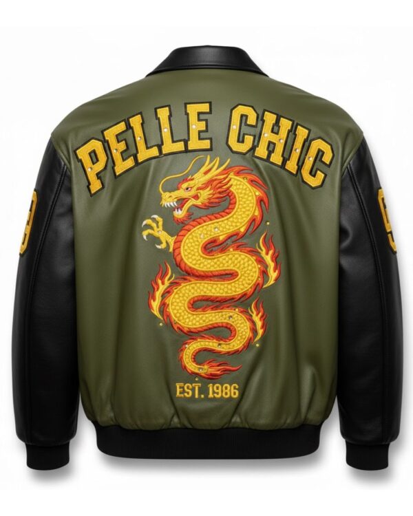 PelleChic Dragon Leather Jacket – Olive Green & Black Bomber Jacket
