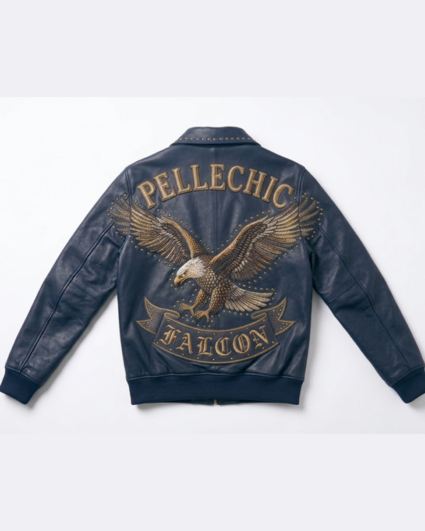 PelleChic Falcon Premium Embroidered Leather Jacket – Navy Blue