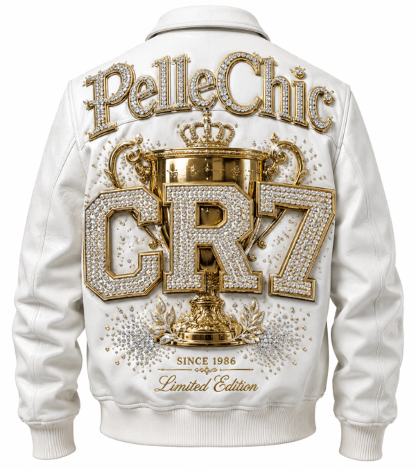 PelleChic CR7 Limited Edition White Leather Bomber Jacket – Gold & Crystal Embroidered "Legend" Edition USD-$3000