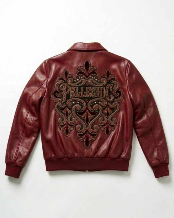 PelleChic Luxury Embroidered Leather Bomber Jacket – Rich Burgundy   USD- $800