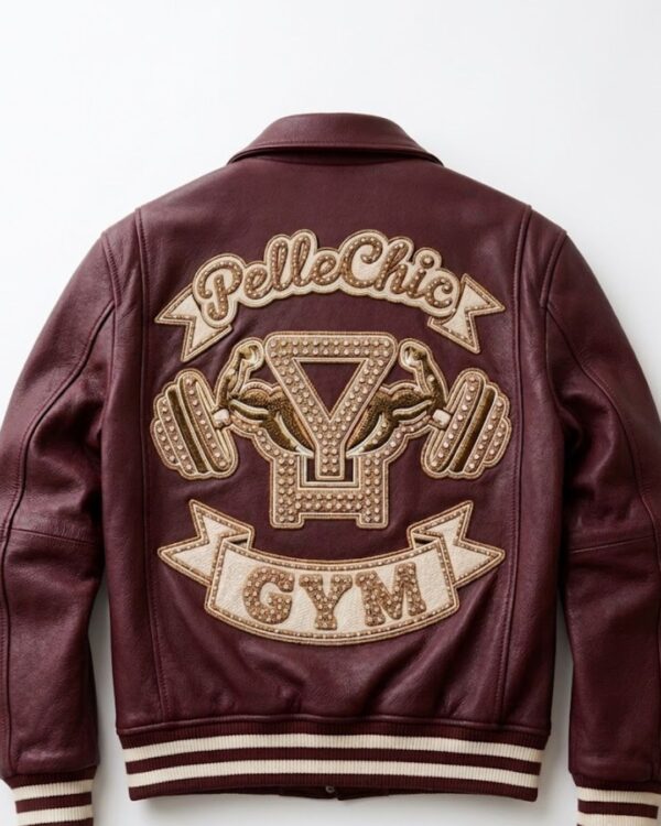 Pelle Chic "Iron Dynasty" Premium Leather Gym Jacket – Burgundy & Gold USD-$1000